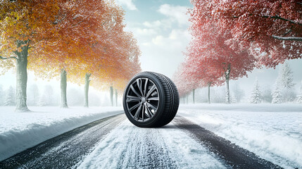 All-season tire on a snowy road with trees showing the transitions of all four seasons