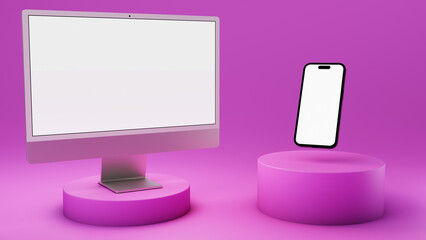 Pink multi device mockup with smartphone and modern all in one PC.