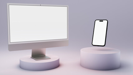 Blank multi-platform mockup of smartphone and desktop computer monitor.
