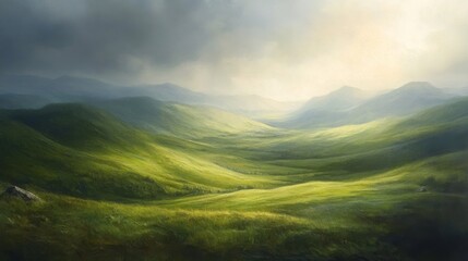 Fototapeta premium Rolling Green Hills Under a Cloudy Sky