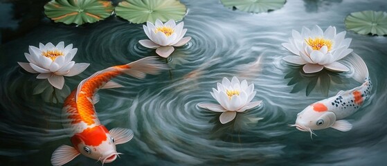 A serene pond scene featuring vibrant koi fish swimming gracefully amidst beautiful white lilies, creating a tranquil and picturesque aquatic landscape.