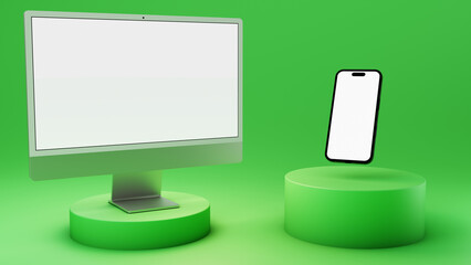 desktop computer and smartphone with transparent displays.