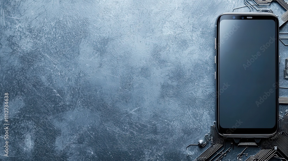 Poster mobile payment security platform concept. a sleek smartphone rests on a textured gray surface, surro