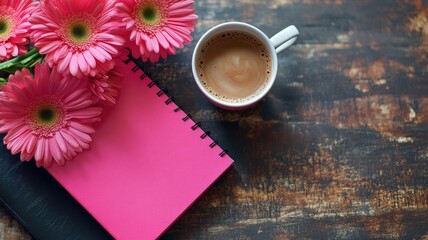 Pink flowers, coffee cup, and notebooks on wooden table