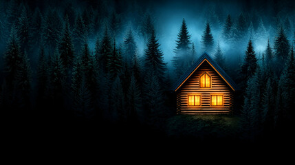 A cozy cabin illuminated in the dark forest, surrounded by misty trees, creating a serene and mysterious atmosphere.