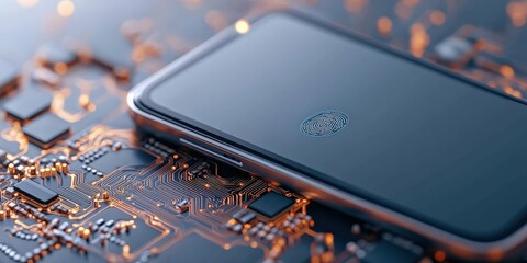 mobile payment security platform concept. A sleek smartphone rests on a circuit board, featuring a fingerprint sensor, symbolizing advanced technology and security.
