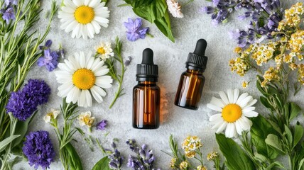 Two brown glass dropper bottles surrounded by various flowers on grey surface