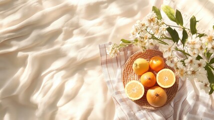 Fresh citrus fruits and white flowers on wicker plate