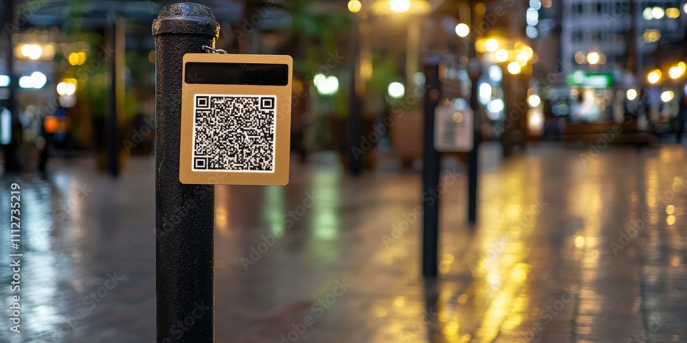 Poster mobile payment security platform concept. a qr code displayed on a post in a dimly lit urban area, s