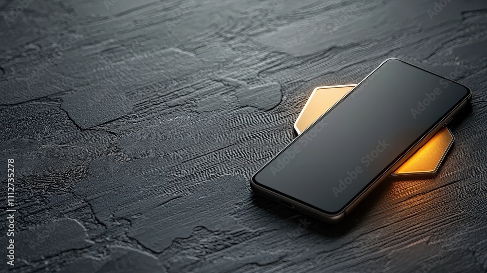 Aufkleber mobile payment security platform concept. a sleek smartphone rests on a textured black surface, illu