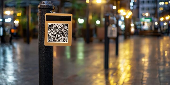 mobile payment security platform concept. A QR code displayed on a post in a dimly lit urban area, surrounded by reflections and ambient lighting, suggesting a blend of technology and nightlife.
