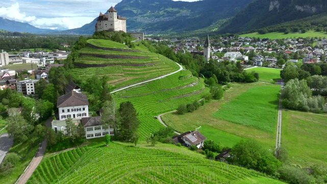 Gutenberg Castle - Medieval Burg in town of Balzers, Principality of Liechtenstein. Aerial Picturesque summer landscape