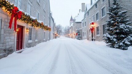 Fototapeta premium Charming Snow-Covered Old Town Street Decorated for Christmas in Quebec Canada with Festive Garlands and Red Bows Under Soft Winter Light