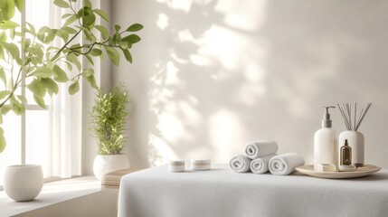 Serene spa setting with towels and natural elements.