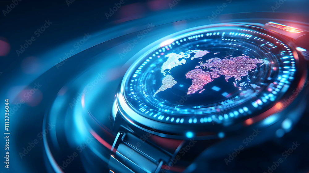 Poster futuristic smartwatch displaying global map.