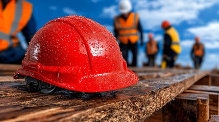 A close-up of a wet red hard hat on wooden planks, with construction workers in the background under a blue sky.