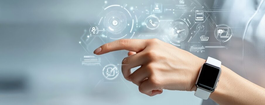 mobile payment security platform concept. A hand wearing a smartwatch interacts with digital interface elements, showcasing a blend of technology and user interaction. - Powered by Adobe