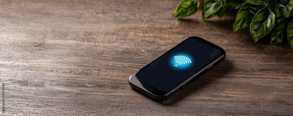 Poster mobile payment security platform concept. a sleek smartphone displaying a glowing fingerprint icon o