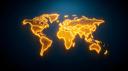 Illuminated world map in vibrant golden hue.