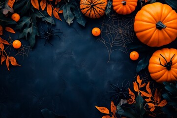 Spooky Halloween arrangement featuring spiders, decorations, and spider web on a dark backdrop.