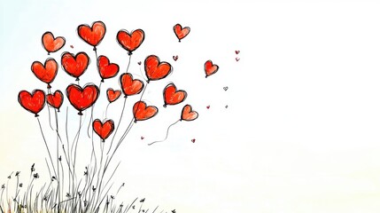 Heart Balloons Floating in a Soft Sky with Delicate Flowers Illustrating Love and Joyful Celebrations