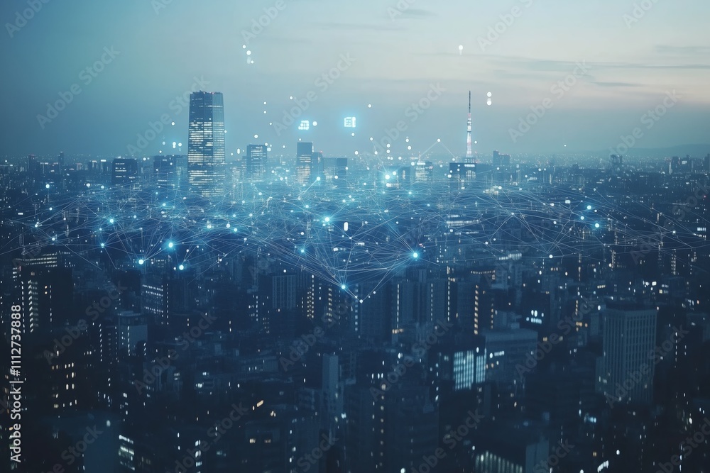 Aufkleber advanced wireless network over urban landscape depicting smart grid connectivity and 5g lte data inf