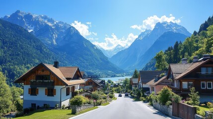 Alpine Homes. Mountain village houses scenic road sunny day summer Alp