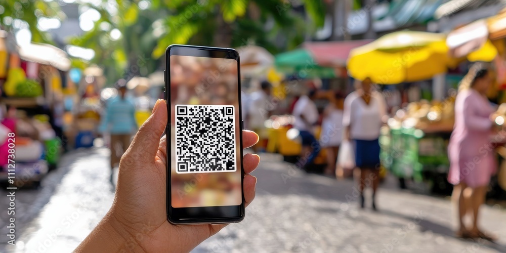 Poster mobile payment security platform concept. a smartphone displays a qr code in a vibrant market filled