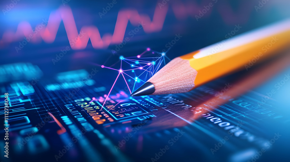 Poster pencil on digital interface with data graphs.