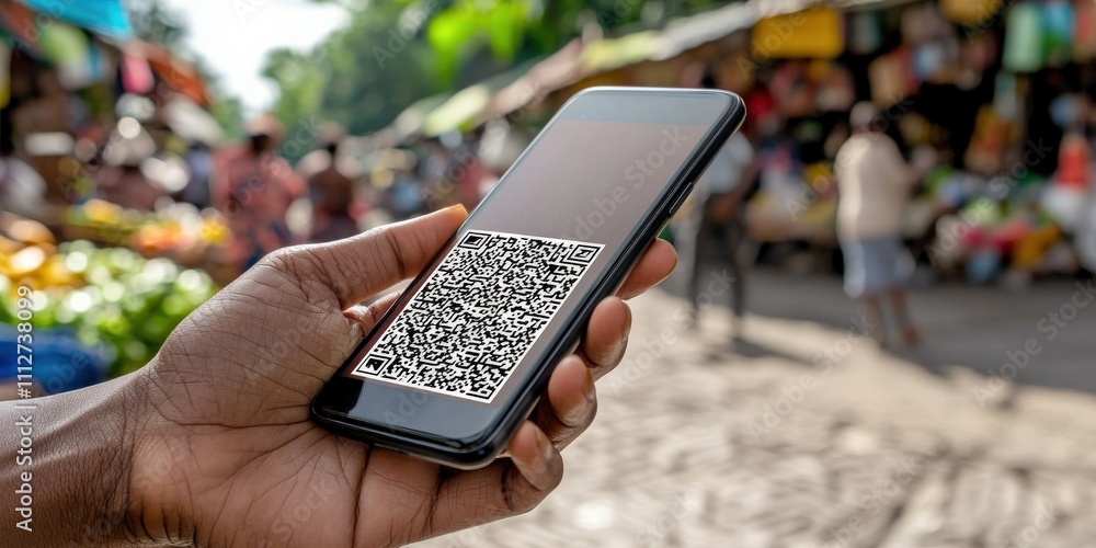 Poster mobile payment security platform concept. a hand holds a smartphone displaying a qr code, set agains