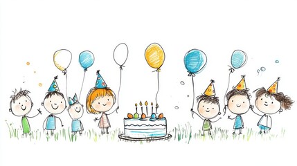Colorful Cartoon Children with Balloons Celebrating a Birthday Party with Cake and Joyful Expressions