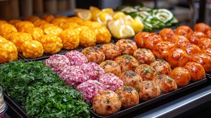Spicy Bites. Assorted colorful fried snacks, fresh herbs, Indian stree