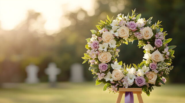 Circular funeral wreath featuring a harmonious blend of white lilies, roses, and greenery, symbolising peace, remembrance, and a heartfelt tribute to the departed