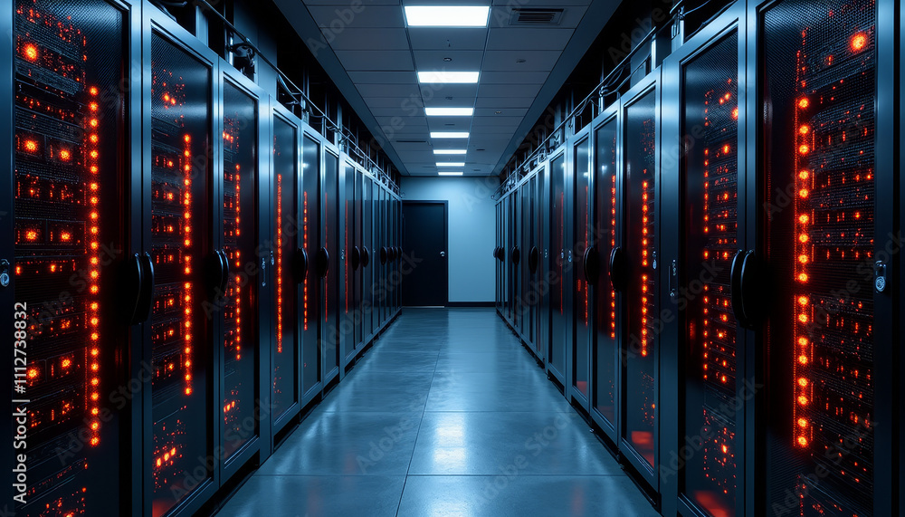 Poster exploring a high-tech data center showcasing glowing servers and a futuristic atmosphere in a dimly 