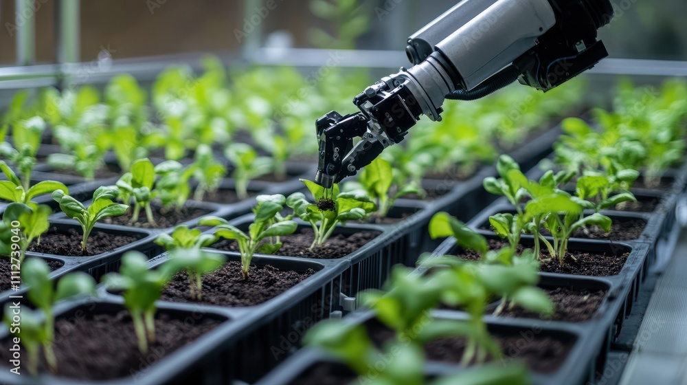 Aufkleber a robotic arm tending to rows of seedlings in an automated greenhouse setting.