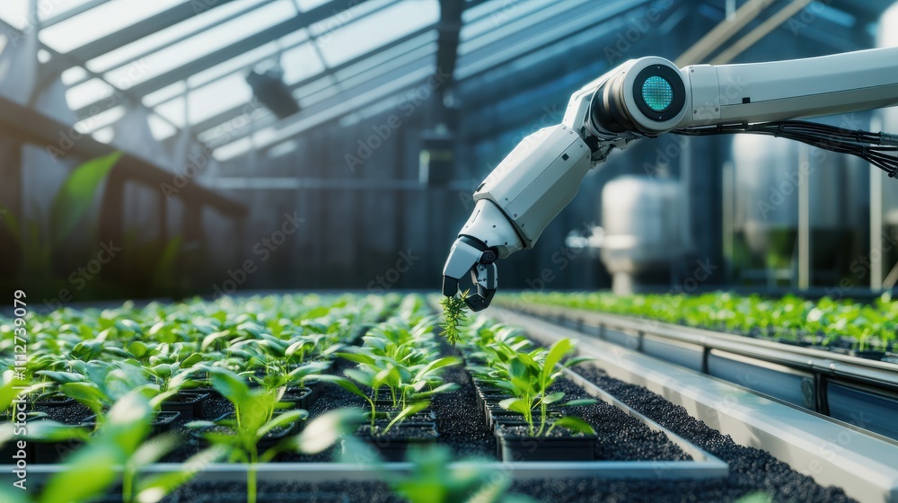 Aufkleber a robotic arm tending to rows of seedlings in an automated greenhouse setting.