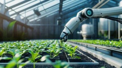 A robotic arm tending to rows of seedlings in an automated greenhouse setting.