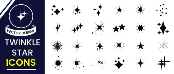 Set of twinkling stars vector. Twinkling spark and burst icons set. Shiny sparks icon. Minimalist twinkle star icon shape symbols. Modern geometric elements, shining star icon set. 