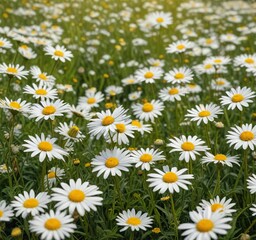 A field of white daisies and yellow wildflowers swaying in the wind on a sunny day, windy day,