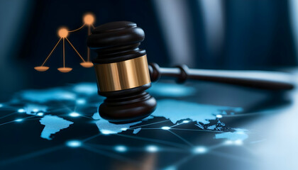 Symbol of justice on a digital map.