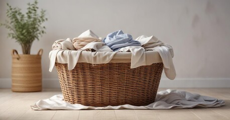 A laundry basket overflowing with an assortment of eco-friendly fabrics such as cotton and linen, linen, sustainable