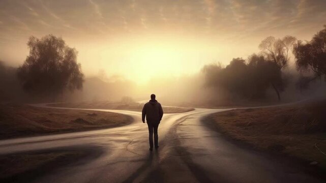 Silhouette of a person at a crossroads confidently walking a new path.