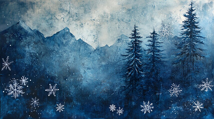 Deep blue winter scene with snowflakes and pine branch accents