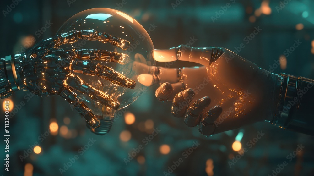 Poster ai, machine learning, hands of robot and human touch on big data network, brain data creative in lig