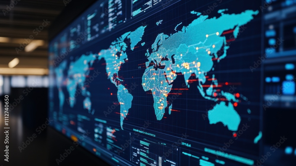 Poster futuristic digital world map displaying data analytics, geographic insights, and global connectivity