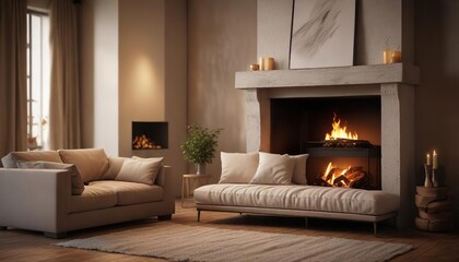 Fototapeta premium A plush sofa with a soft, oversized pillow is placed in front of a warm fireplace, soft, warm ambiance