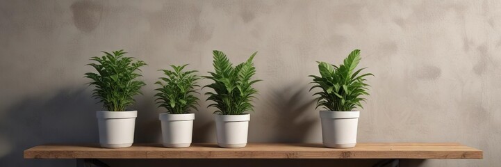 A row of three potted plants with different types of foliage on a wooden shelf, greenery, potted plants, nature