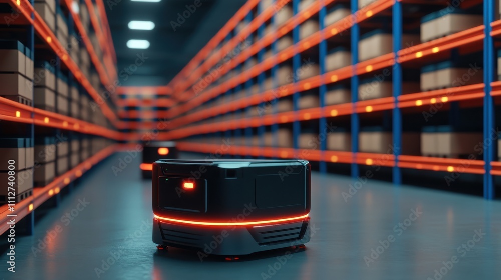 Poster advanced robotic system navigating a modern warehouse with automated shelving and vibrant led lighti