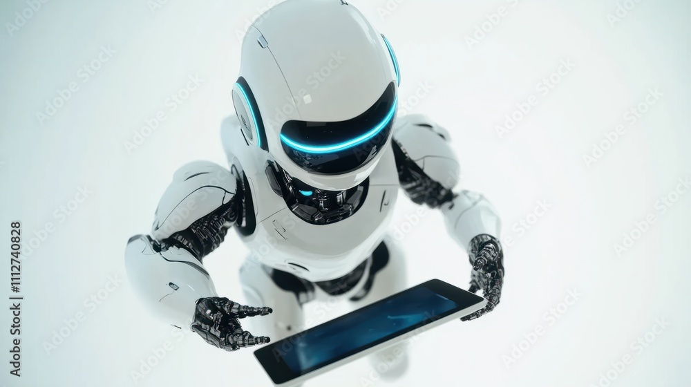 Poster ai robot using tablet floating or flying isolated white background