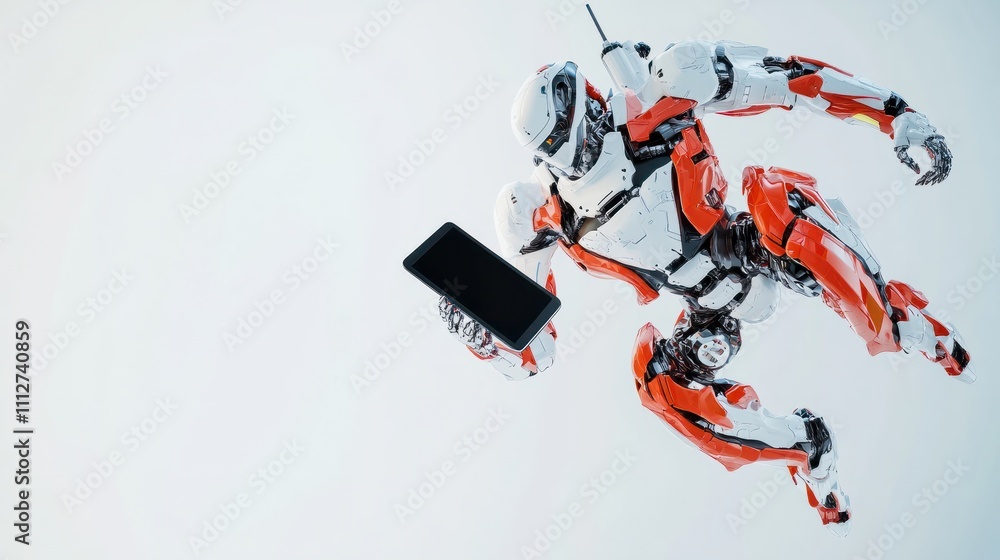 Poster ai robot using tablet floating or flying isolated white background